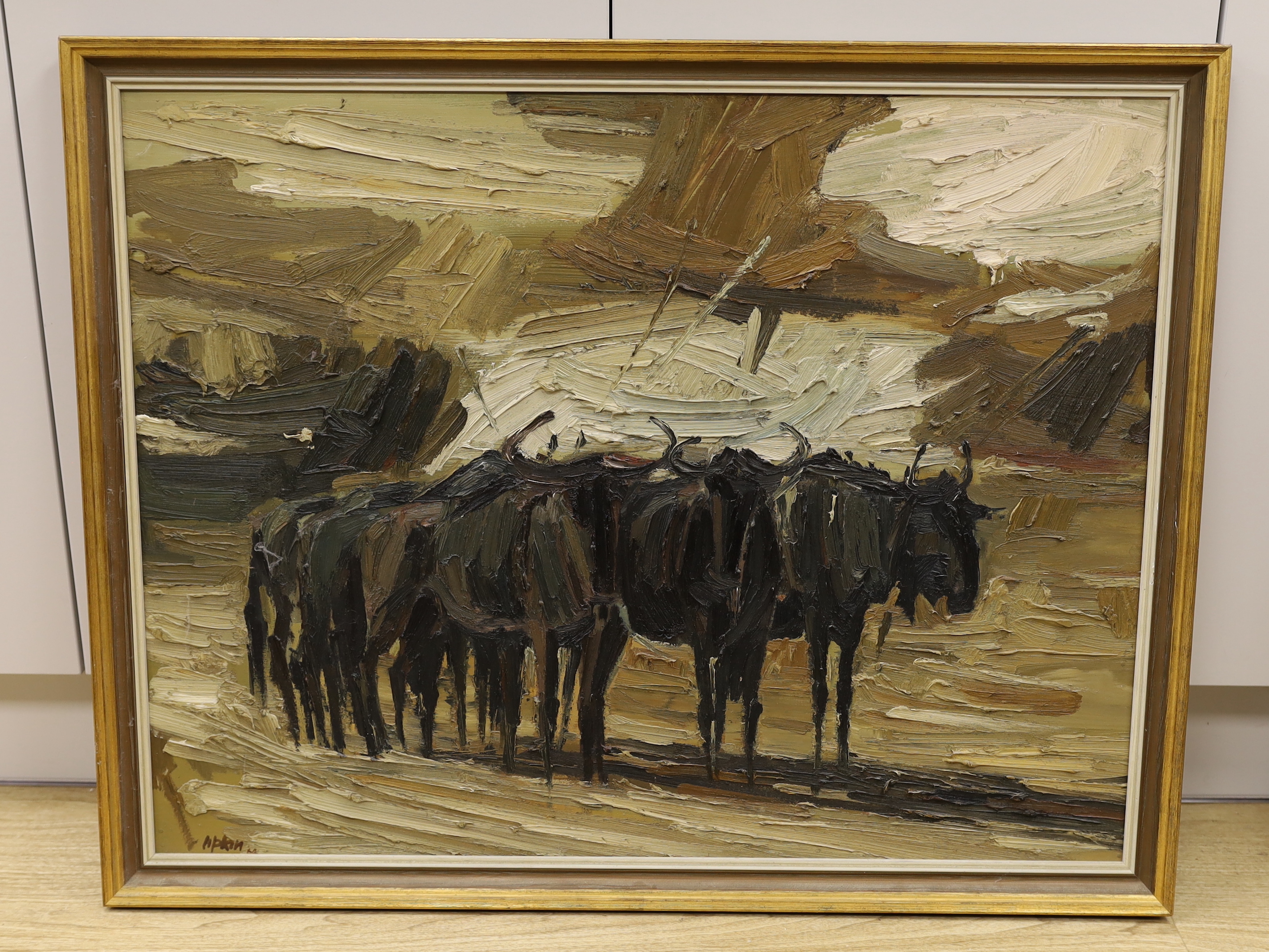 Impressionist oil on board, Yaks in landscape, indistinctly signed and dated ‘64, 86 x 66.5cm